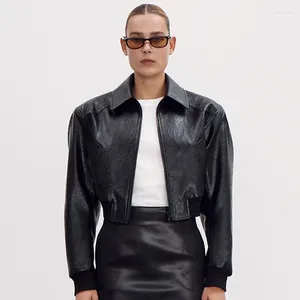 Women's Leather RC Biker Jacket Lapel Short Section Faux Black Long Sleeve PU Material Fall Winter