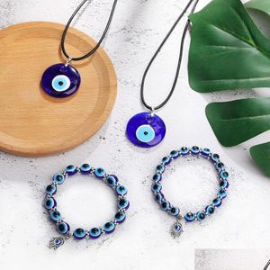 Pendant Necklaces Antique Deep Sea Blue Evil Eye Pendant Necklace Turkish Choker Glass Eyes Leather Rope Chain Jewelry Gift Dhgarden Dhwka