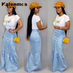 Spódnice dżins jean kalenmos długa spódnica stretch vintage bandaż szczupły fit blue club streetwear sexy Harajuku feminino 230408