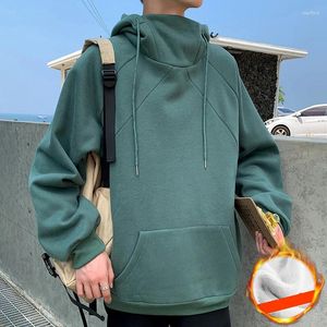 Men's Hoodies 2024 Wholesale Of Winter High Collar Solid Loose Fit Hooded Plush Thickened Sweater Youth Port Style Pullover