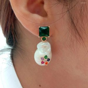 Stud Earrings Cultured White Reborn Keshi Freshwater Pearl Green Cubic Zirconia Micro Pave Rhinestone