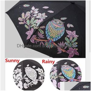 Umbrellas Cute Owl Three Folding Uv-Protection Rain Travel Umbrellas Magic Changing Color After Water Pocket Umbrella Gift For Lovers Dhqhj