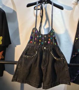 Kvinnors jeans lyx 2023 sommar mode kvinnor rem shorts diamant pärla hög midja denim overaller casual bred ben jumpsuits