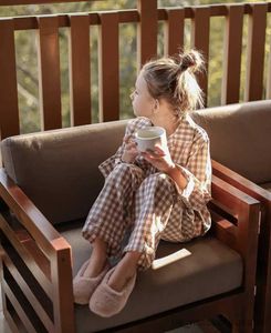 Pajamas Cute Kid Girl's Turndown Collar Brown Plaid Pajama Sets.Vintage Toddler Kids Pyjamas Set Sleep Loungewear.Childrens Clothing R231108