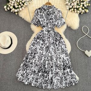 2023 Casual Dresses Summer Fashion Designer Runway Vintage Dress Women Lapel Short Sleeve Black Flower Print Lace Up Belt Pleated Vestidos