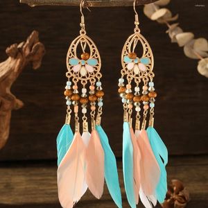 Kolczyki Dangle Boho Ethnic Dream Catcher Pióro antyczne długi haczyk ręcznie robiony na tassle kolczyki vintage geometryczny prezent