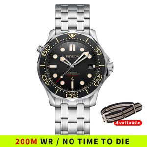 Наручительные часы Phylida Black Dial Pt5000 Miyota Автоматические часы -дайвер 200M 007 Стиль NTTD Sapphire Crystal Solid Bracelet Водонепроницаемый 20BAR 230407