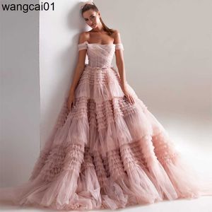Party Dresses Sevintage Dusty Pink Long Prom Dresses Sweetheart Crumpd Tul Ruffs Evening Dresses Off Shoulder Tiered A-Line Party Dress 0408H23
