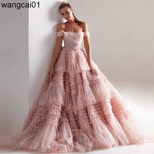 Abiti da festa Sevintage Dusty Pink Abiti lunghi da ballo Sweetheart Crumpd Tul Ruffs Abiti da sera Off spalla Tiered A-Line Party Dress 0408H23