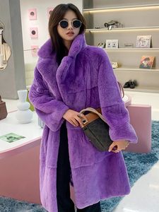 Pelliccia sintetica da donna I più venduti Cappotto intero in vero coniglio Rex con colletto alla moda Cappotto caldo caldo 100 cm Giacca lunga viola Donna Inverno 231108