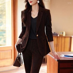 Pantalones de dos piezas para mujer Tesco Velvet Women Pantsuit 2PCS Blazer de un solo pecho Flare Pantalón Traje Conjunto para formal femenino Chic Business Ropa de