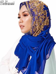 Hijabs Muslim Chiffon Hijabs Scarf Turban Gold Glitters Beads Hijab for Woman Ramadan Foulard Musulmane Pour Femme Long Headscarf 230408