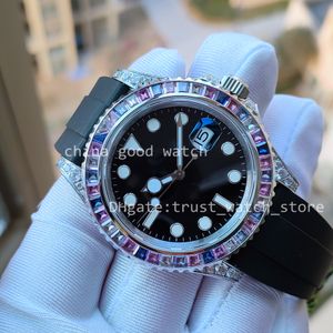 Мужские часы Super GMF Factory Черный циферблат Цветной бриллиантовый ободок Наручные часы Cal.3235 Автоматический механизм с сапфировым стеклом 40 мм GMf Водонепроницаемые светящиеся часы для дайвинга