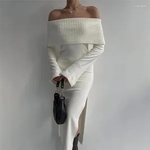 Casual Dresses Women's Long Skinny Knitted Dress Elegant Chic Solid Color Sleeve Off Shoulder Side Split Bodycon For Autumn Winter