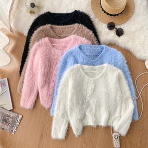 Women's Knits Clothland Women Elegant Mohair Cardigan O Neck Long Sleeve Fur Jacket Coat Sweater Short Style Crop Top Mujer HA476