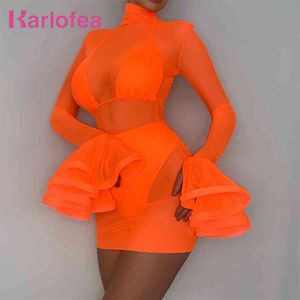 Women Sexy Nightclub Orange Dress See Through Sheer Mesh 3 Piece Chic Long Flare Sleeve Party Outfits 210520302N