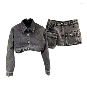 Abiti da lavoro Donna Denim Set due pezzi Giacca a maniche lunghe Cappotto Top e tasche Muitl Minigonna Abiti moda femminile