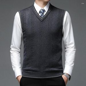 Mäns västar Spring Fashion Märke Solid 6% Wool Pullover Sweater V Neck Knit Vest Men Trendy ärmlösa Casual Top Quality Clothing