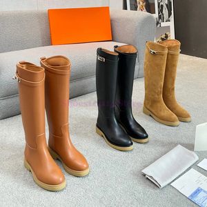 Luxurys Damen-hohe Stiefel, Kalbsleder, Schnalle, Slip-on, glatte hohe Stiefel, Damen, Metallschloss, Designer, Ritter, klobiger Absatz, Leder, runde Zehen, kniehohe Reitstiefel, Gummisohle