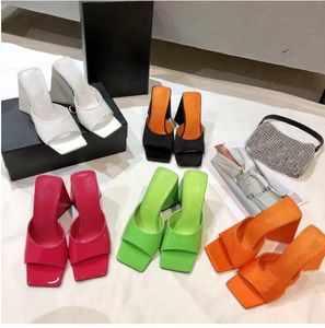 white SHOE silk square toes slippers chunky heels mini luxury designers slides summer shoes 10cm high heel women sandals ladies sandal heeled