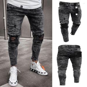 Jeans da uomo strappati punk da uomo skinny neri pantaloni in denim hip-hop streetwear casual slim fit per pantaloni da motociclista in difficoltà con cerniera