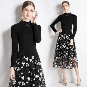 Basic Casual Black Midi Dresss Woman Designer Long Sleeve O-Neck Knitted Patchwork Mesh Floral Party Ruched Dresses 2023 Autumn Winter Slim RunwayVacation Frocks