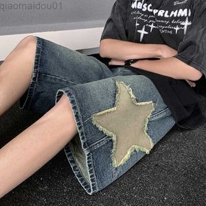 Men's Shorts Blue Star Embroidery Straight Casual Men Shorts Summer New Wide Leg Loose Hip-hop Fashion Youth Streetwear Denim Shorts AA230408