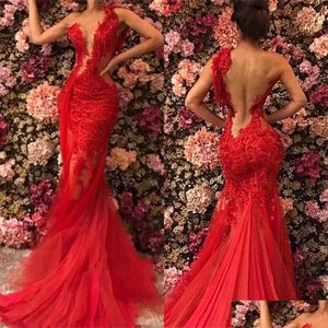 Evening Dresses Red Sheer See Through Backless Mermaid Prom Plus Size Lace Tle Custom Made Gowns Formals Robes De Soiree Drop Delive Dhim6
