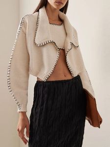 Женские свитера, модный контрастный вязаный отворот, женский кардиган с рукавами-фонариками, открытый спереди, свободный мягкий укороченный топ, свитер, осенняя шикарная повседневная верхняя одежда
