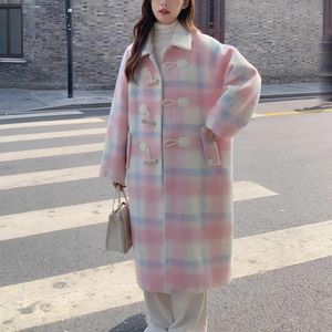 2023 Winter Rainbow Woolen Coats Women Casual Warm Loose Plaid Long Coats Female Korean Fashion Office Lady Trench Jackets Y2k