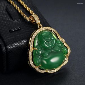 Pendant Necklaces Hip Hop Punk Jewelry Stainless Steel Chain Buddha Necklace For Women Men Green Colored Jades Stone Big