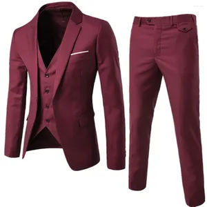 Men's Suits In Brand Blazer 3 Pieces Wine Red Elegant Fit Button Dress Suit Vest Party Wedding Formal Business Terno