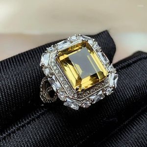 Pierścienie klastra meibapj naturalny cytrynowy kwadratowy pierścień mody dla kobiet prawdziwy 925 srebrny biżuteria ślubna