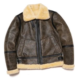 Herrjackor B3 Shearling Wool Fur Sheepskin Jacket Men Bomber 3 äkta läderrock Varma vinterkläder Vintage Man 231108