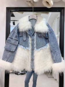 Kvinnors päls faux vinterjackor 2023 Real Coat Natural Raccoon Parka denimjacka med streetwear kvinnor ensamstående