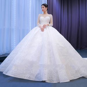 2024 Luxury Ball Gown Wedding Dress Scoop Long Sleeves Crystal Beading Princess Bride Gowns Lace Up Robe De Mariee Vestidos De Noiva