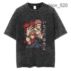 メンズTシャツヴィンテージウォッシュされたプレイメンズシャツのアニメのTシャツjujutsu kaisen tシャツ