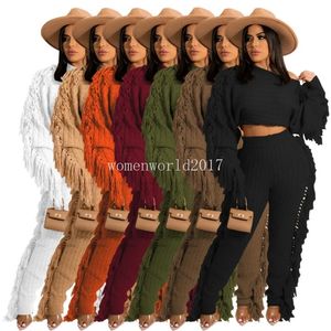 Designer Knitted Two 2 Piece Sets Women Fall Winter Tassels Tracksuits Long Sleeve Knitting Sweater and Pants Thicker Warm Sweatsuits Wholesale Clothes