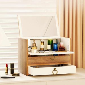 Förvaringslådor Portable Makeup Box For Bedroom Vanity With Mirror and Drawer Cosmetic Lipstick Holder Organizer