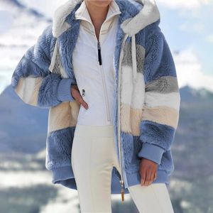 Giacche da donna Cappotto invernale da donna Caldo patchwork Tasca con cerniera a righe con cappuccio in pelliccia sintetica maniche lunghe Cardigan Giacca in caldo pile peloso Capispalla 231109