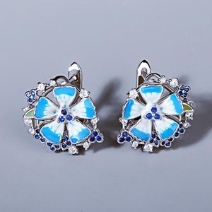 Stud Earrings Silver For Women Pure 925 Plated Blue Flower Trendy Gift Party Fine Jewelry Handmade Enamel Earings StudsStud