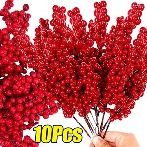 Kwiaty dekoracyjne 1-10pcs Boże Narodzenie sztuczne czerwone gałęzie jagnowo-jagodowej Święte drzewo Holly Berries STEM DIY Dekoracja wieńca na stół