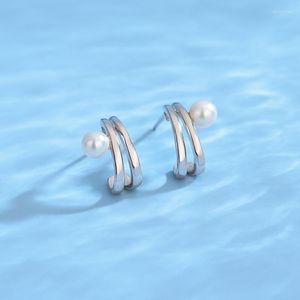 Stud Earrings Women's 925 Sterling Silver White Gold Stacked Line Freshwater Pearl Fashion Jewelry Love Gifts For Couples