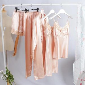 Womens Sleepwear Champagne Satin 5PCS Women Silk Pajamas Set Sexy V-neck Sleep Lace Trim Pyjamas Suit Female Kimomo Bathrobe Gown