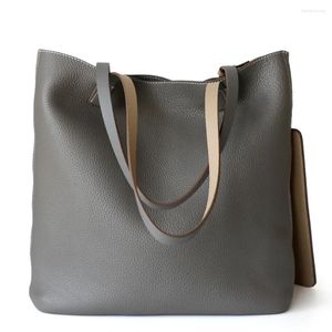 Evening Bags 2023 Winter Genuine Leather Women Large Tote Bag Cowhide Simple Handbags Luxury Designer Female Panelled Shoulder Gray