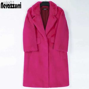 Damen Pelz Kunstpelz Nerazzurri Winter Lang Hot Pink Kunstpelzmantel Frauen Revers Warm Dick Schwarz Weiche Flauschige Jacke Lose Stilvolle Koreanische Mode 2022L231109