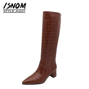 Boots ISNOM Women Genuine Leather Knee Fashion Crocodile Pattern Chunky High Heels Square Toe Shoes Long Winter 2023 1