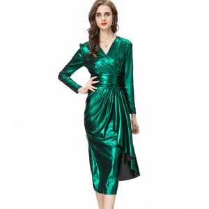 Women's Runway Dresses Sexy V Neck Long Sleeves Ruched Picked Up Asymmetrical Fashion Designer Vestidos