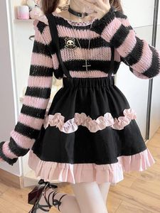 Spódnice Kimokokm Preppy Style Ball Stuls Paski spódnica kawaii a-line lolita słodka czarna różowa wahańca ukochana dziobowa dziewczyna mini