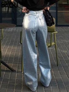 女子ジーンズBKQUメタリック女性2023ファッションハイウエストワイドレッグデニムパンツアメリカンシャイニールーズストレート女性ズボンストリートウェア